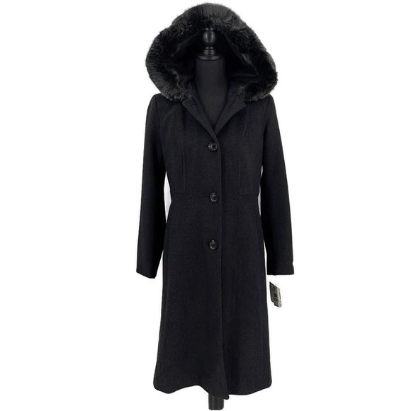 Anne Klein Wool Cashmere Blend Coat Jacket Fur Hood Charcoal Gray Women's 0 - Picture 1 of 12